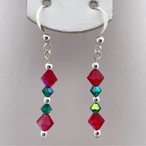 Christmas Swarovski Crystal Earrings Sterling Silver Hooks Red Green Holiday